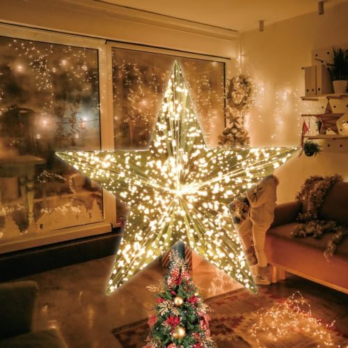 LAMPHOME 9" 10L Christmas Tree Topper,Gold Glitter Star Tree Topper, Golden Chrome Lighted Christmas Star Treetop 10 Warm White Lights, Festive Xmas Tree Top Decoration for Indoor Holiday Home Decor by ULL