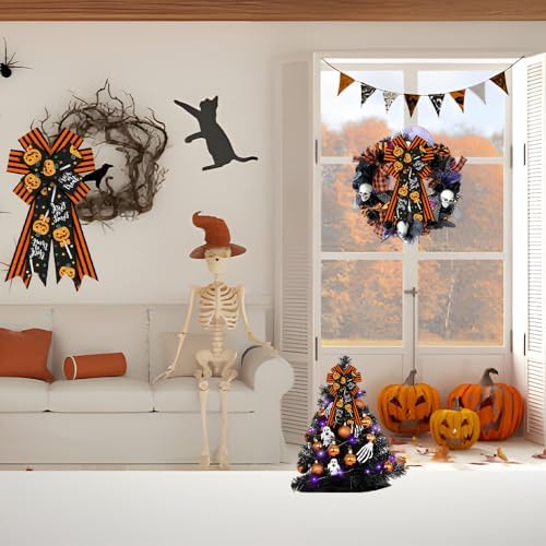 Large Halloween Pumpkin Tree Topper Bow, Orange Black Wreath Bow - Image 5