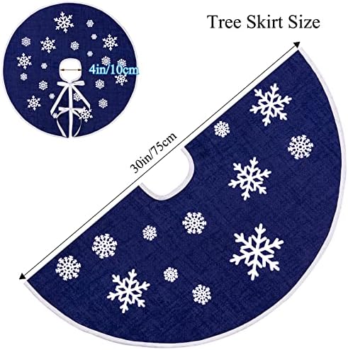 30 Inch Burlap Christmas Tree Skirt with White Snowflakes, Dark Blue - Image 2