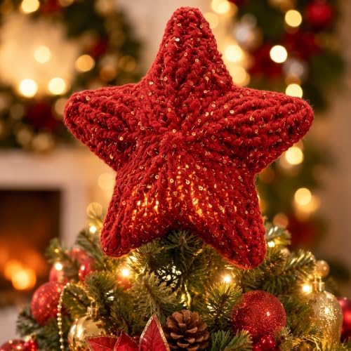 Syhood 10 Inch Crochet Star Christmas Tree Topper Red Christmas Ornament Glitter Star Farmhouse Holiday Xmas Decor for Xmas Trees Ornament Party Decoration by Syhood