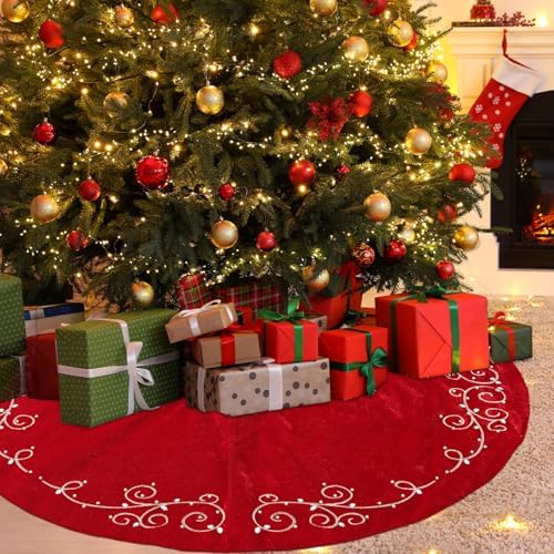 48inch Christmas Tree Skirt Red Luxury Velvet Plush Fur Skirts Baroque Tree Skirts with Gold Embroidered Pearls and Crystals Xmas Velvet Trees Skirt for Christmas Holiday Party Home Decorations - Image 6