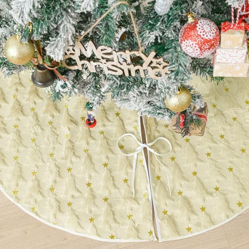 AVOIN colorlife Soft Plush Faux Fur Christmas Tree Skirt 48 Inch, Jacquard Beige Xmas Star Pine Trees Winter Holiday Mat Decoration by AVOINcolorlife