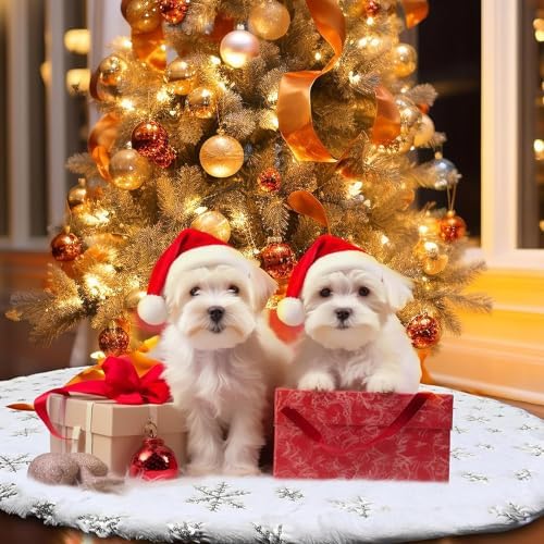 Christmas Tree Skirts 60 Inches, White Faux Fur Christmas Tree Skirt with Silver Sequin Snowflakes, Extra Large Plush Tree Skirts for Xmas Holiday Party Decorations. - Image 5