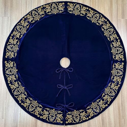 72-Inch Victorian Velvet Christmas Tree Skirt with Gold Damask Embroidery and Plush Lace Ties, Royal Blue - Image 3