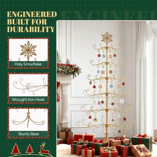 VINGLI 6ft Metal Christmas Ornament Tree Stand, Decorative Iron Display Tree w/ 192 Branches, Snowflake Topper, Ornament Display for Hanging Balls, Wrought Iron Xmas Tree Holiday Decorations, Gold - Image 6