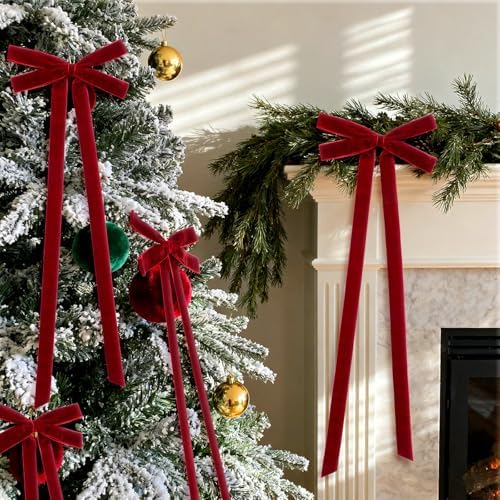 10 Pcs Red Velvet Bows 22"x8" Pre-Tied Christmas Ornaments - Image 4