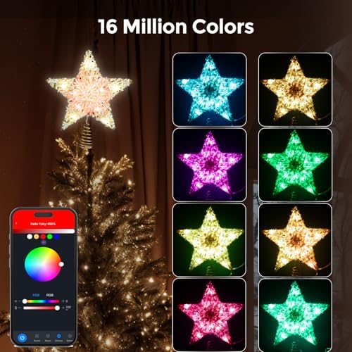 Smart Christmas Tree Topper, 9" RGB Star Tree Topper, Timer, App Control, USB Powered, Music Sync, Gold Tree Topper for Indoor Party Holiday Decor - Image 2