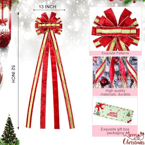 Christmas Tree Topper Wreath Bow Large Green Christmas Bow Tree Topper 52"x13" Red and Green Ice Flower Velvet Gift Bows for Xmas Holiday Home Wedding Thanksgiving Indoor/Outdoor Decoration - Image 2