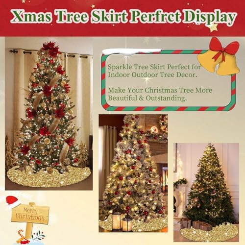 MODFUNS Gold Christmas Tree Skirts 36 Inches Sequence Christmas Tree Skirt Embroidered Christmas Tree Mats Farmhouse Round Merry Christmas Tree Skirt for New Year Birthday Ornament - Image 6