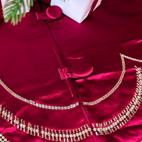 60-Inch Beaded Scalloped Christmas Tree Skirt in Foam-Lined Satin, Button-Loop Closures, Cranberry - Image 5
