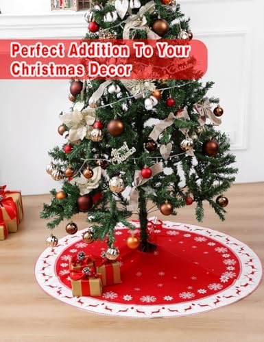 Multiwins Christmas Tree Skirt 48 inch, Large Snowflake Reindeer Red Xmas Tree Skirt, Thick Flannel Fabric, Best Christmas Decorations for Winter New Year - Image 3