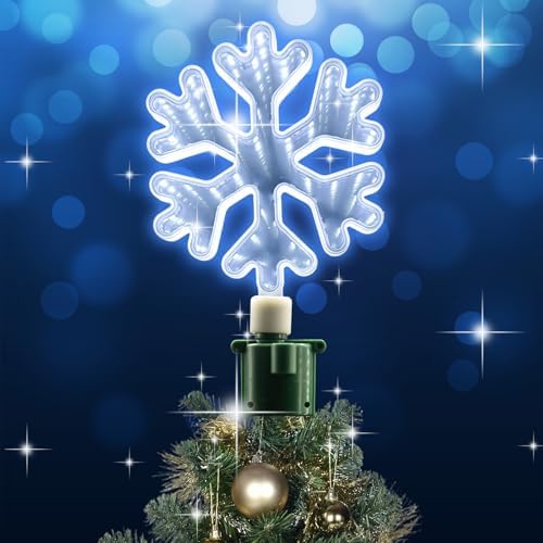 Christmas Tree Topper Lighted with White LED Lights, 360° Rotating Snowflake Tree Topper Ornament with Clip, Infinity Mirror Tree Topper Snowflake for Xmas Party Holiday Christmas Decorations by YCIND