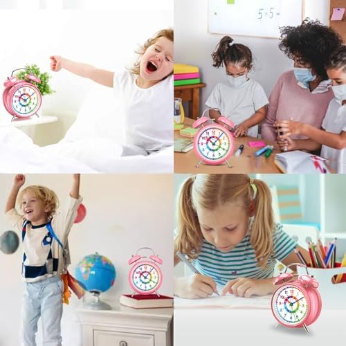 Peakeep Learning Clock for Kids Time Teaching, Loud Alarm to Wake Up | 4.5" Twin Bell Alarm Clock Battery Operated for Teenagers Kids, Kids' Room (Pink) - Image 4