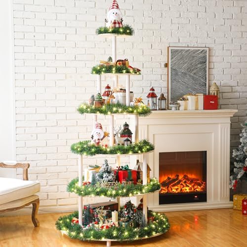Barydat Christmas Tree Village Christmas Bookshelf Display Supplies Ornament Display Tree Stand Wooden Holder for Holiday Display(6 Tier 71 Inches) by home