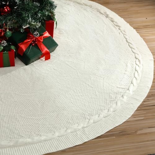84 Inch Christmas Knitted Tree Skirt Giant White Chunky Xmas Tree Skirt Extra Large Cable Knit Thick Rustic Farmhouse Xmas Ornaments for Home Merry Christmas Holiday Winter Party Decoration by Bornerwhite