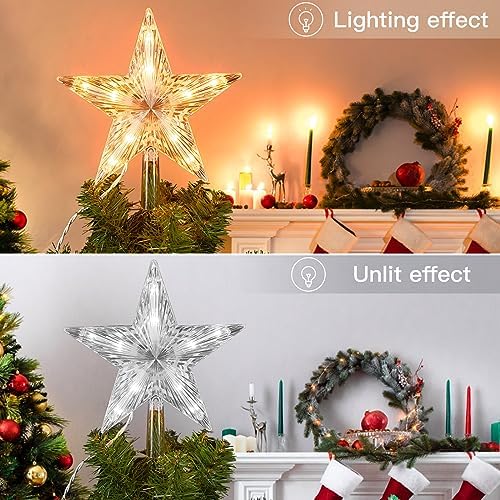 Christmas Tree Topper Lighted Star with Built-in 10 Replaceable Bulbs, 9.5” Clear Five-Pointed Star Tree Topper Plug in for Indoor Office Xmas New Year Holiday Tree Decoration, Warm White - Image 2