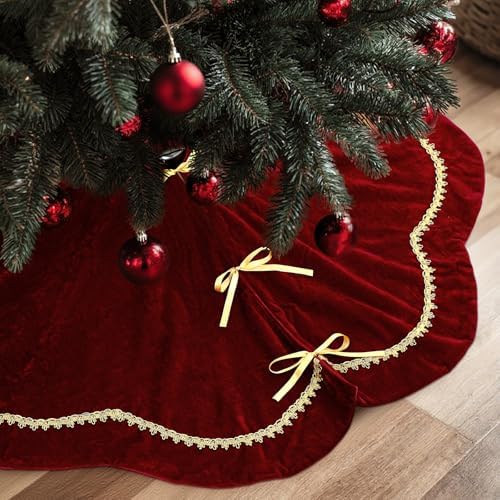 Arrowbash 84 Inch Red Christmas Tree Skirt Velvet Fur Scallop Tree Skirt Sparking Gold Lace Trim for Party Rustic Xmas Holiday Decorations All Year by Arrowbash