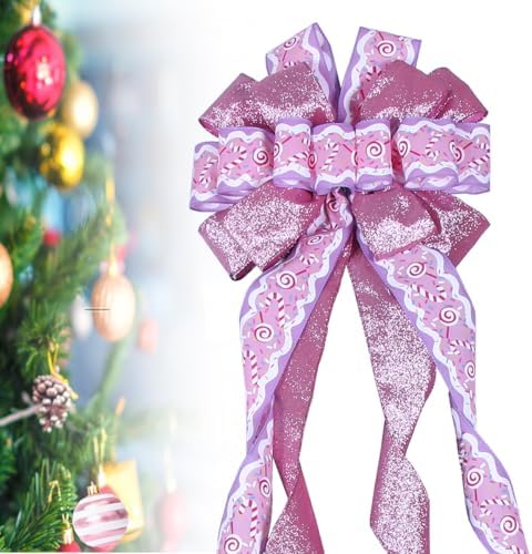 Christmas Tree Topper Wreath Bow Large Pink Christmas Bow Tree Topper 52"x13" Pink Cane Glitter Satin Ribbon Patterned Gift Bows for Xmas Holiday Home Wedding Thanksgiving Indoor/Outdoor Decoration - Image 4