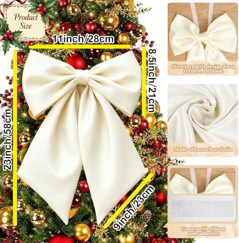 Big Bow Decor Cream White Large Coquette Bow as Crib Skirt Girls Room Wall Hanging Gift Coquette Birthday Party Wedding Bridal Decor for Christmas Tree Holiday Xmas(Luxurious Satin, 23x11 in) - Image 2
