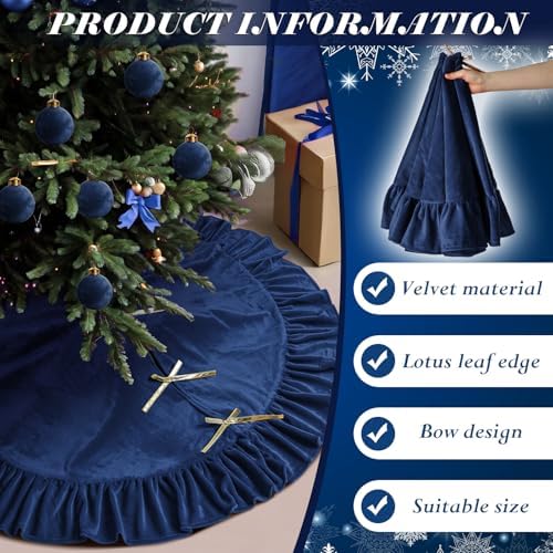Velvet Christmas Tree Skirt, 48 Inches, Bow Style, Blue - Image 3