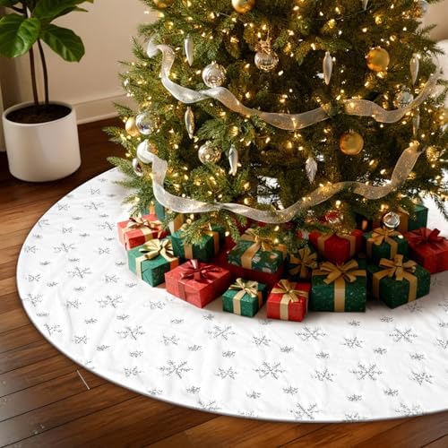 72 Inches Christmas Tree Skirt for Xmas Tree Holiday Party Decorations White Plush Silver Sequin Snowflake by Unknown