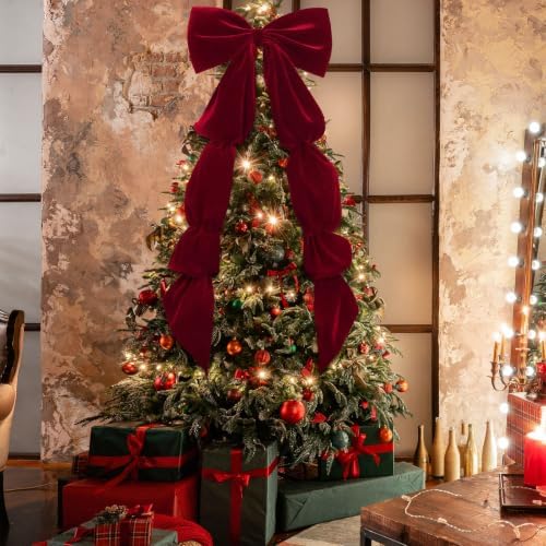 Knitgrip Extra Large Velvet Christmas Tree Topper Bow, Burgundy, 71 Inch - Image 4