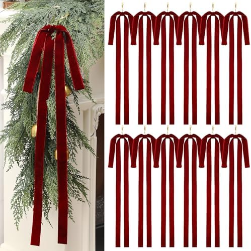Janinka 12 Long Burgundy Christmas Velvet Bow Ornament Vintage Tree Decor by Janinka