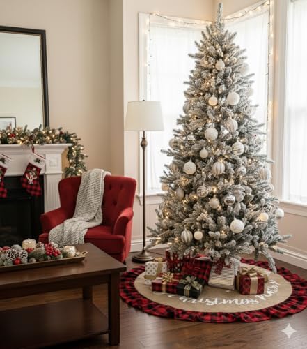 48 Inch Christmas Tree Skirt Linen Burlap Buffalo Plaid Edge Decoration for Merry Christmas Party Red and Black Buffalo Christmas Tree Skirt Decorations - Image 3