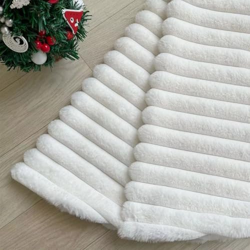 Christmas Tree Skirt White Plush 36 inch Faux Fur Xmas Tree Skirt Soft Plush Stripe Textured Pattern for Holiday Party Christmas Tree Decorations - Image 4