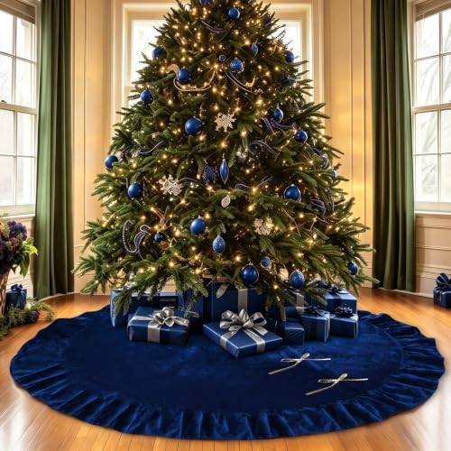 72 Inches Velvet Christmas Tree Skirt Decorations Blue Luxury Xmas Fur Plush Skirts for Merry Christmas Party Rustic Vintage Holiday Home Winter by QIJISTORM