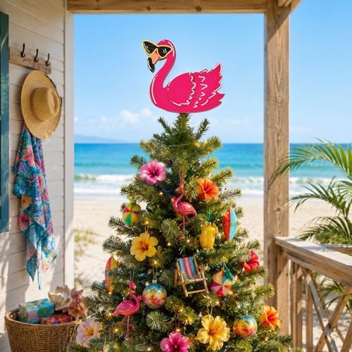 10 x 7.7 Inch Wooden Pink Flamingo Lighted Summer Tree Topper - Image 3