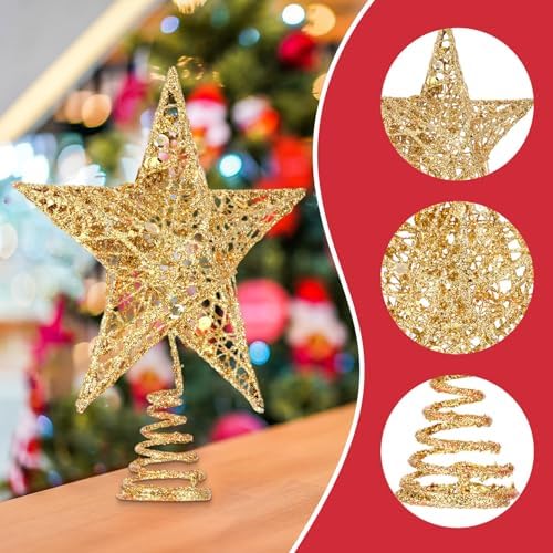 Bememo 8 Inches Glitter Star Christmas Tree Topper Shimmery,Gold - Image 4