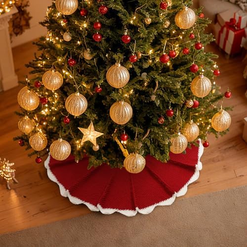 NIBESSER Red Knit Christmas Tree Skirt 48" for Christmas Decorations - Yarn Thick Rustic Cable Knit Tree Skirt Mat for Home Party Holiday Ornaments - Image 4