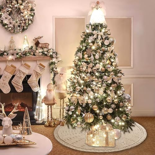 YUJUN 48 Inches Christmas Knitted Tree Skirt Decorations Xmas Large Vintage Beige Chunky Cable Farmhouse Thick Rustic Tree Skirt for Merry Christmas Tree Holiday Home Party Decoration - Image 4