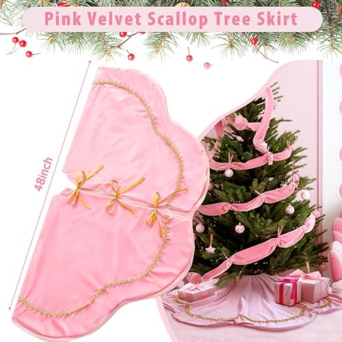 Arrowbash Christmas Tree Skirt 48 Inch Pink Velvet Fur Scallop Tree Skirt Sparking Gold Lace Trim for Party Rustic Xmas Holiday Decorations All Year - Image 5