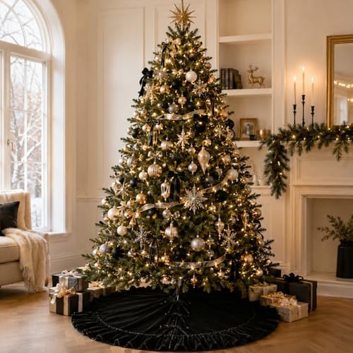 48-Inch Black Ruffled Velvet Christmas Tree Skirt with 3 Bow Ties, Large Round Xmas Tree Base Cover for Holiday Home and Party Decor, 122 cm - Image 3