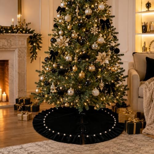 Black Velvet Christmas Tree Skirt 60 Inch – Pearl Beaded Ruffle Trim Xmas Tree Skirt with Bows, Festive Christmas Tree Base Cover for Holiday Party Home Decorations - 150cm - Image 5