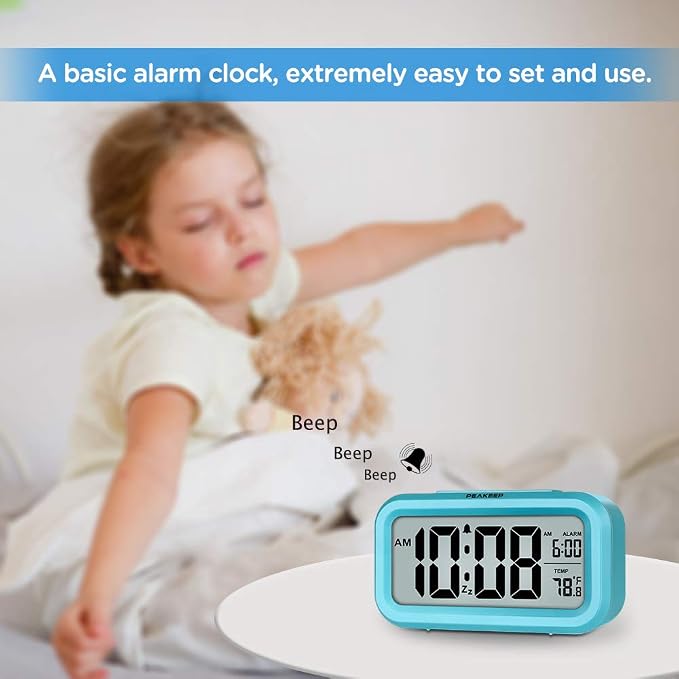 Peakeep Night Light Digital Alarm Clock Battery Operated Indoor Temperature | Small Cordless Cute Clock for Bedroom Desk Travel, Simple to Use for Teens Kids (Blue) - Image 2