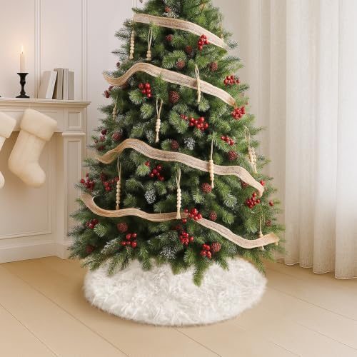 Mini White Faux Fur Christmas Tree Skirt 18 Inch with Long Feather Design, Luxurious Plush Xmas Tree Skirt for Holiday Decor, Winter Party, and Festive Home Decorations - 48cm - Image 4