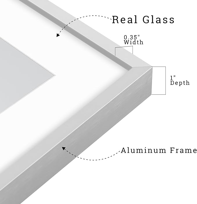 Frametory, Aluminum Picture Frames Set of 7 - Silver Gallery Wall Kit - Display One 11x14, Two 8x10, and Four 5x7 inch Photos for Home Decoration