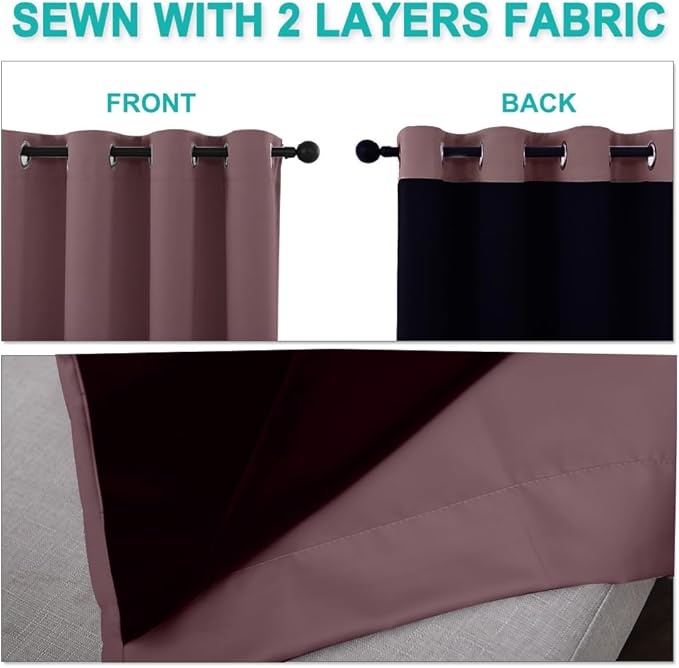 NICETOWN Full Shade Curtain Panels, 37" Wide x 70" Long, Dry Rose, Pair of Thermal Insulated & Energy Efficiency Blackout Drapes for Living Room, Lined Silky Performance Window Dressing