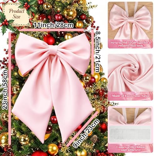 Big Pink Bow Coquette Room Decor, 23x11 Inch Satin Bows Large Pastel Pink Bows Birthday Decorations as Crib Skirt for Christmas Tree Topper Girl Room Xmas Gift Wrapping Bachelorette Baby Shower (3pcs) - Image 2