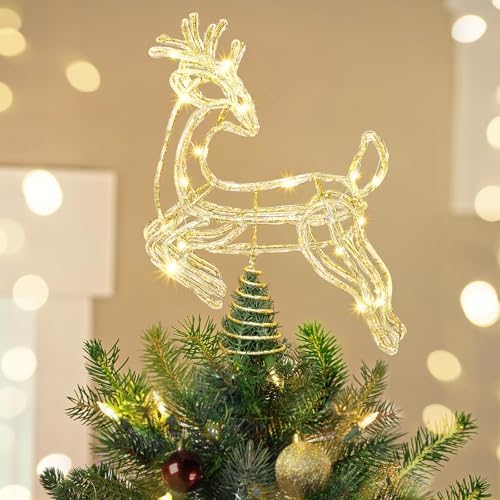 Luxspire Christmas Tree Topper, 3D Deer Lighted Tree Topper with USB Plug-in & Remote Control, Light Up Xmas Vintage Modern Ornaments Decor Lights for Home Party, Crystal Reindeer-Gold by Luxspire
