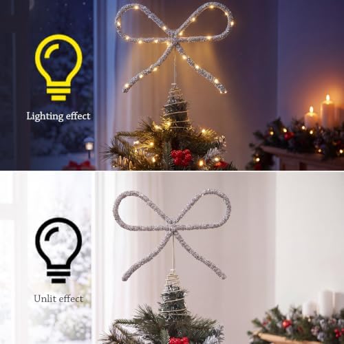 Retisee 9.8 Inch Bow Christmas Tree Topper LED Rhinestone Decor, Silver - Image 4