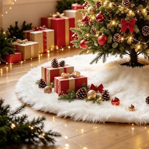 Christmas Tree Skirt White, 48 Inch Soft Faux Fur Xmas Tree Skirts, Large Luxury Velvet Plush Christmas Trees Decoration, White Ornaments for Christmas Holiday Party Indoor Party Home Decor - Image 3