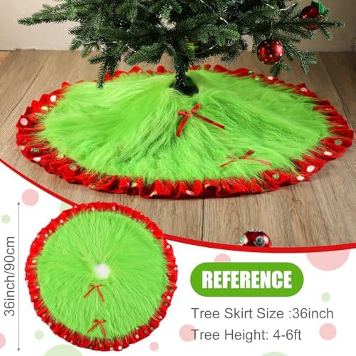 Hollowfly Red and Green Christmas Tree Skirt Furry Plush Lime Green Christmas Tree Skirts Whimsical Xmas Decorations Holiday Glittering Dot Mat Faux Round Carpet for Home Xmas Party Decor(36 Inch) - Image 2