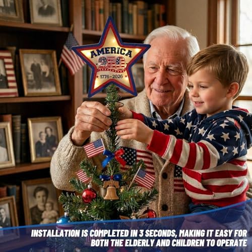 Lighted 4th of July Star Tree Topper, LED USA 250th Anniversary Wooden Patriotic Star Treetop Decoration, Battery Operated American Flag Star for Christmas Tree Independence Day Party Decor - Image 5