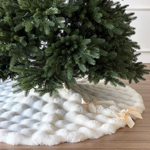 48-Inch Puff Quilt Faux Fur Christmas Tree Skirt, Soft Plush Tufted Texture with Satin Ribbon Ties, Cream by StarryDynamo