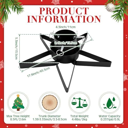 VioraWhite Christmas Tree Stand with Water Reservoir 8.5ft Star Christmas Tree Holder Real Xmas Artificial Trunks Stand Fits up to 1.37"-3.34'' Diameter Pine Holder Base for Rustic Decoration(Black) - Image 2