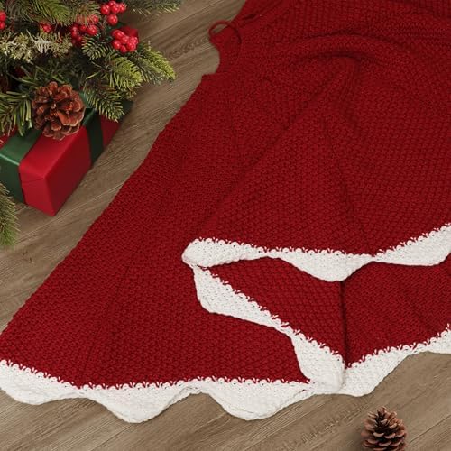 NIBESSER Red Knit Christmas Tree Skirt 48" for Christmas Decorations - Yarn Thick Rustic Cable Knit Tree Skirt Mat for Home Party Holiday Ornaments - Image 7